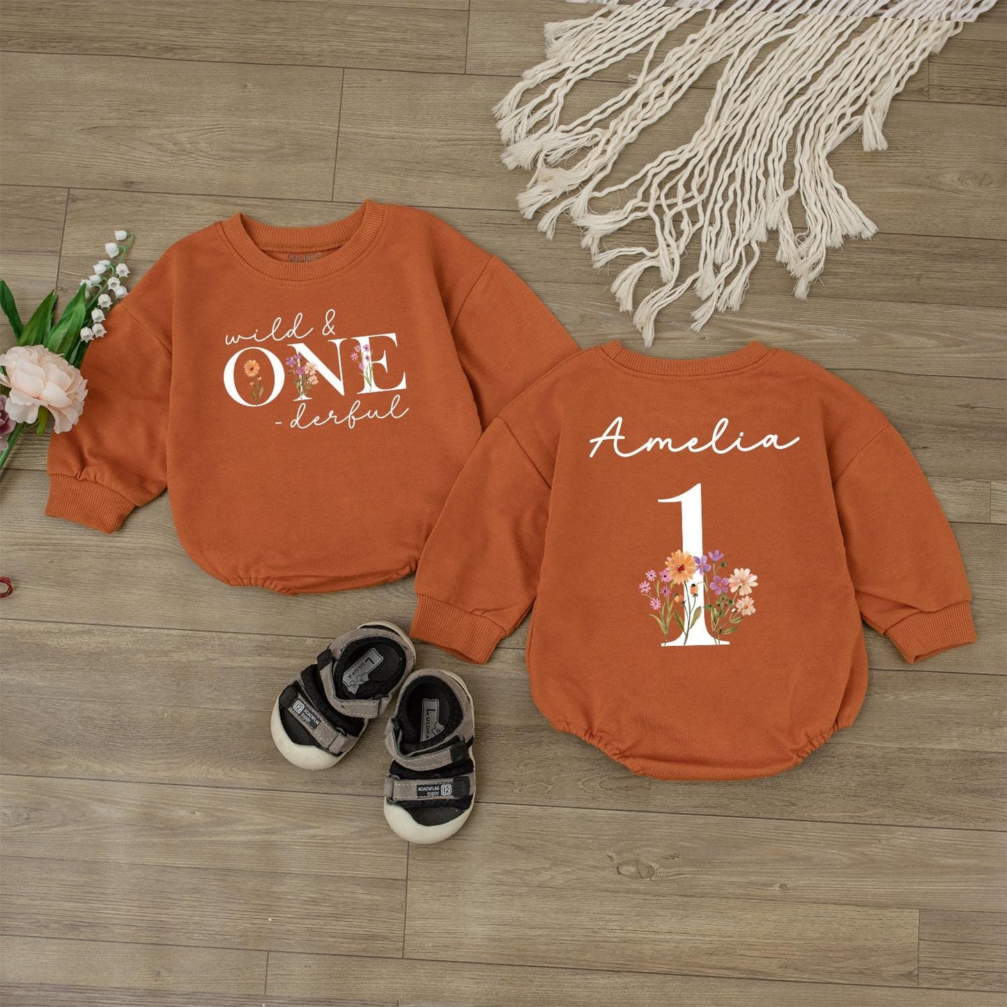 Wild ONEderful Baby Romper - Personalized Toddler Floral First Birthday Outfit - Custom Name Bodysuit - Soft Infant Clothes - Boho Baby Gift