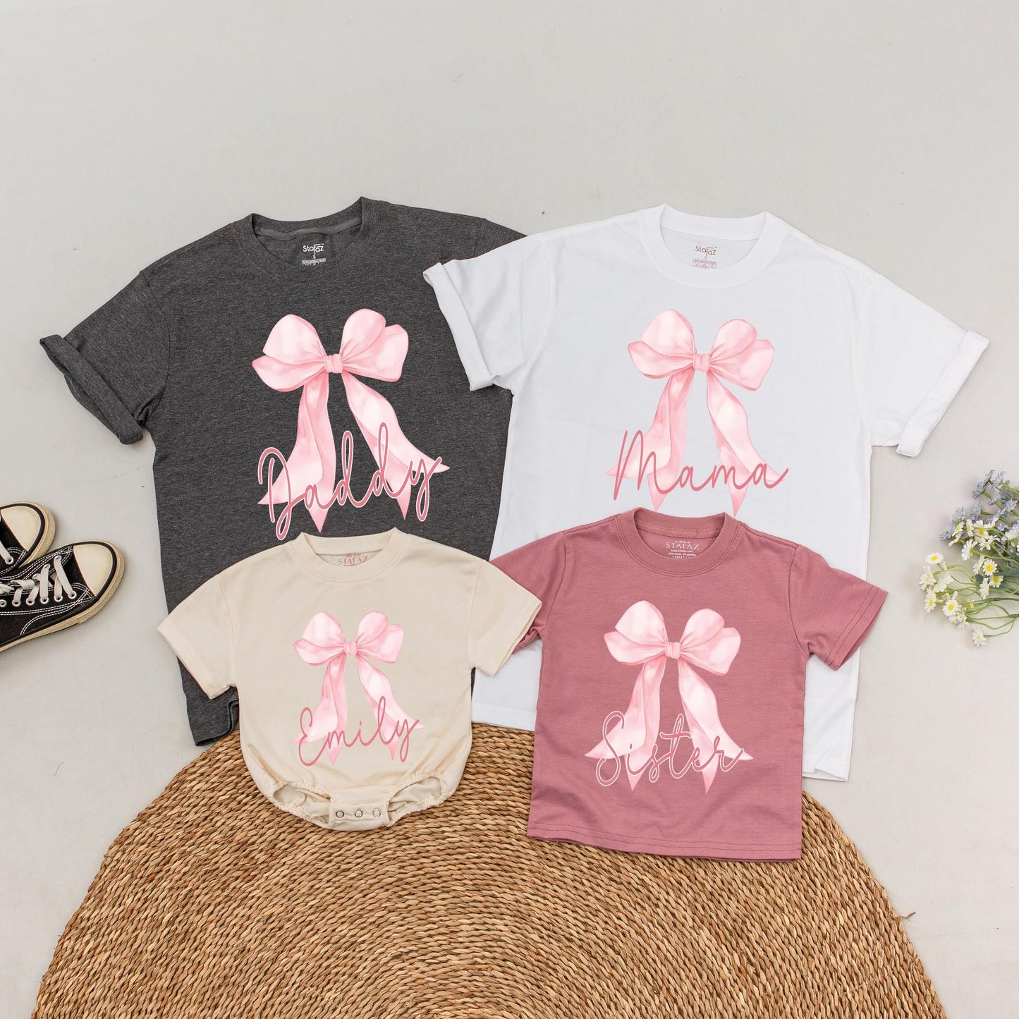 Personalized Pink Bow First Birthday Family T-Shirt Matching Outfit Custom Name 1st Birthday Girl Pink Bow Party Celebration Gift