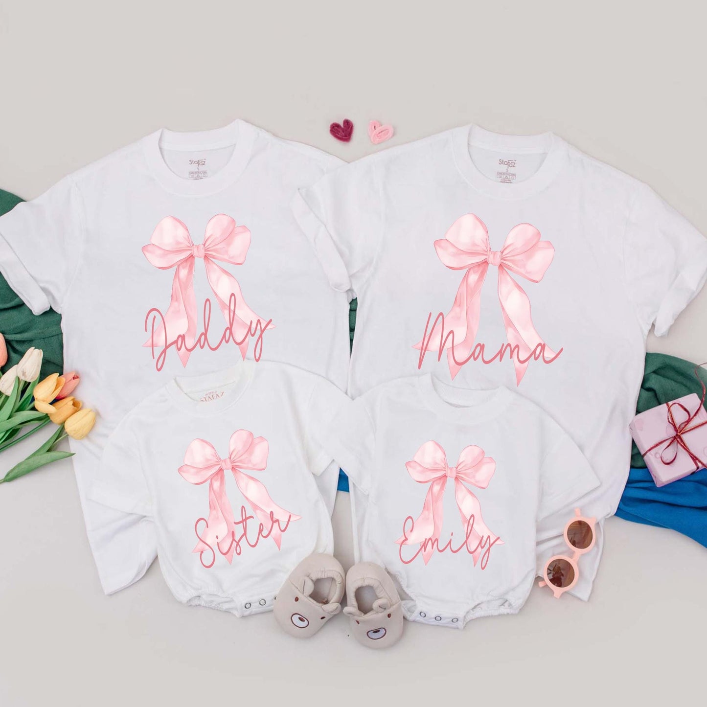 Personalized Pink Bow First Birthday Family T-Shirt Matching Outfit Custom Name 1st Birthday Girl Pink Bow Party Celebration Gift