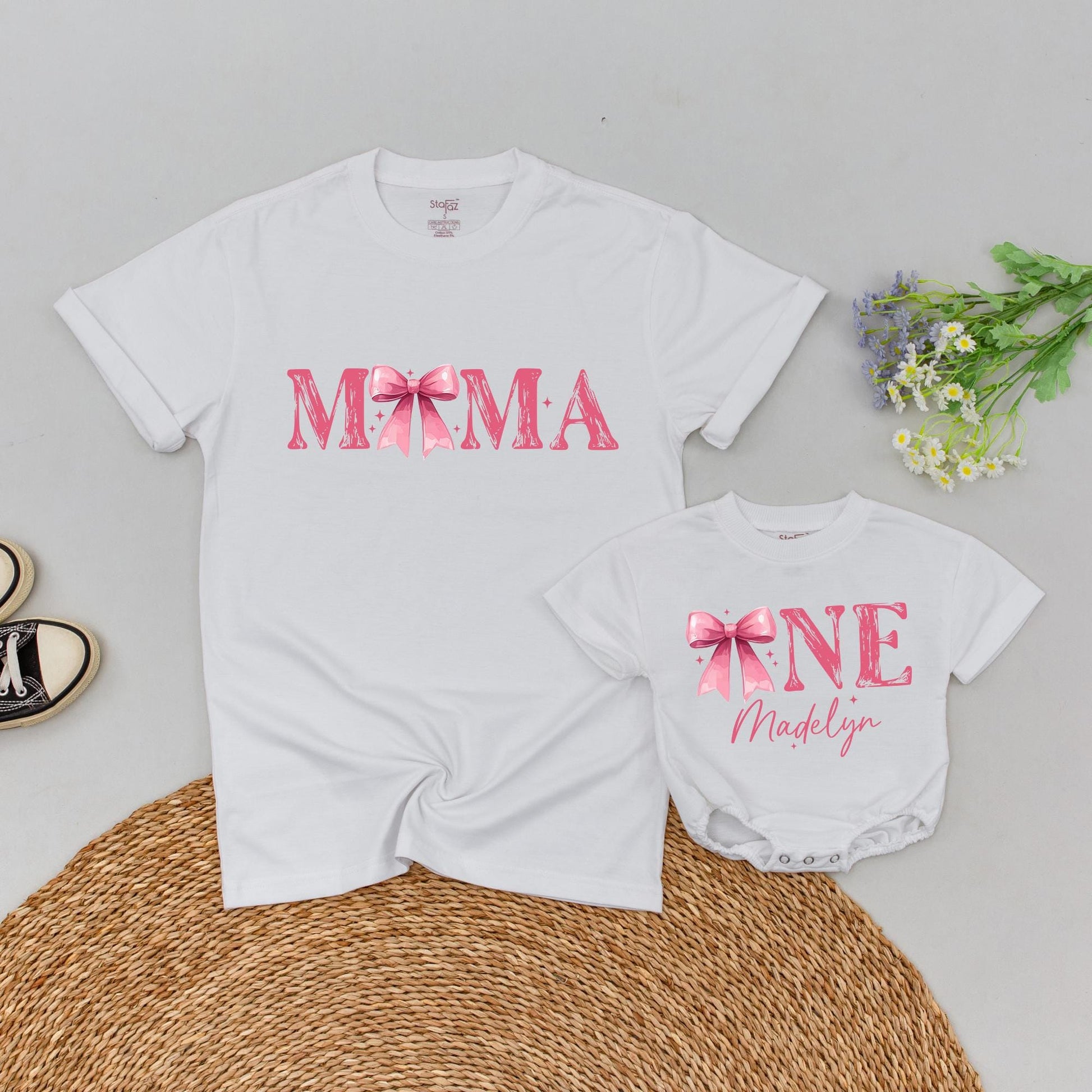 Custom Pink Bow First Birthday Family T-Shirt Sweet Girl 1st Birthday Party Matching Outfits