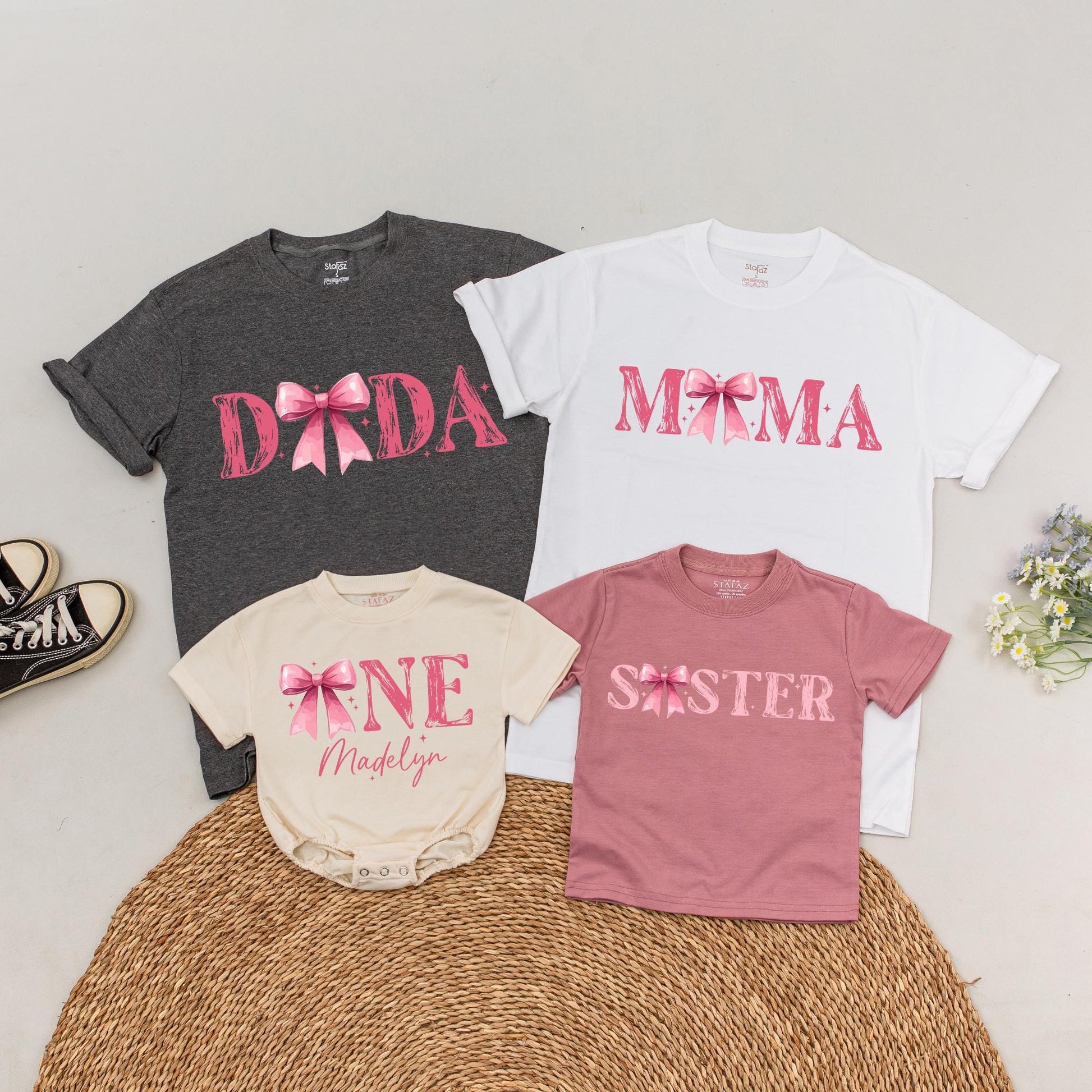 Custom Pink Bow First Birthday Family T-Shirt Sweet Girl 1st Birthday Party Matching Outfits