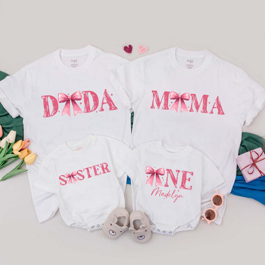 Custom Pink Bow First Birthday Family T-Shirt Sweet Girl 1st Birthday Party Matching Outfits
