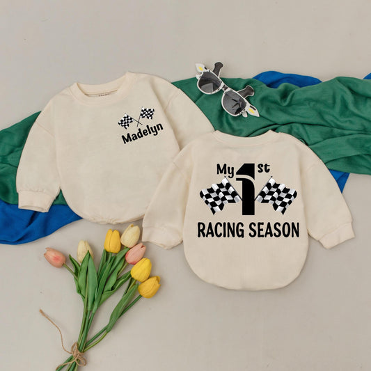 Personalized Fast One Racing Romper for Baby Boy's 1st Birthday, Race Car Theme Outfit, Custom Bodysuit, Baby Shower Gift (139 chars)