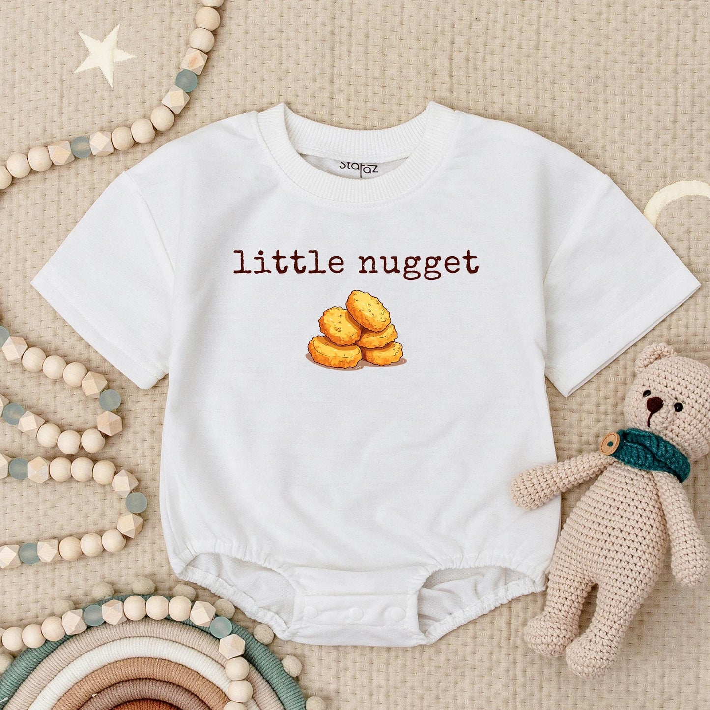 Golden Chicken Nugget Baby Romper Little Nugget Design Fun First Birthday Outfit New Baby Bodysuit Cute Bubble Romper