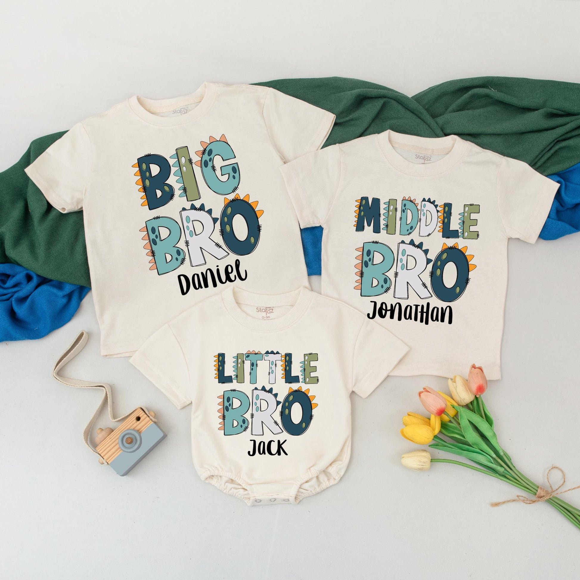 Personalized Big Bro Middle Bro Little Bro Dinosaur Matching Sibling Shirts Brother Gifts