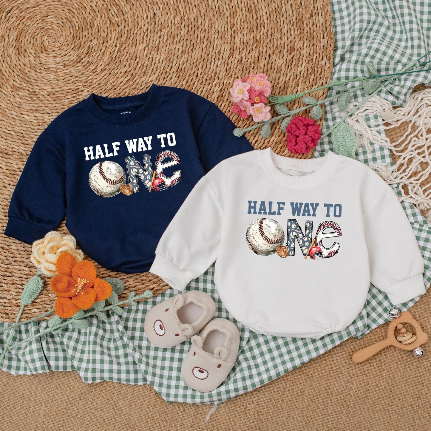 Personalized Half Way To One Baseball Romper Baby Boy Half Birthday Outfit Blue Baseball Theme for 6 Months Celebration Gift