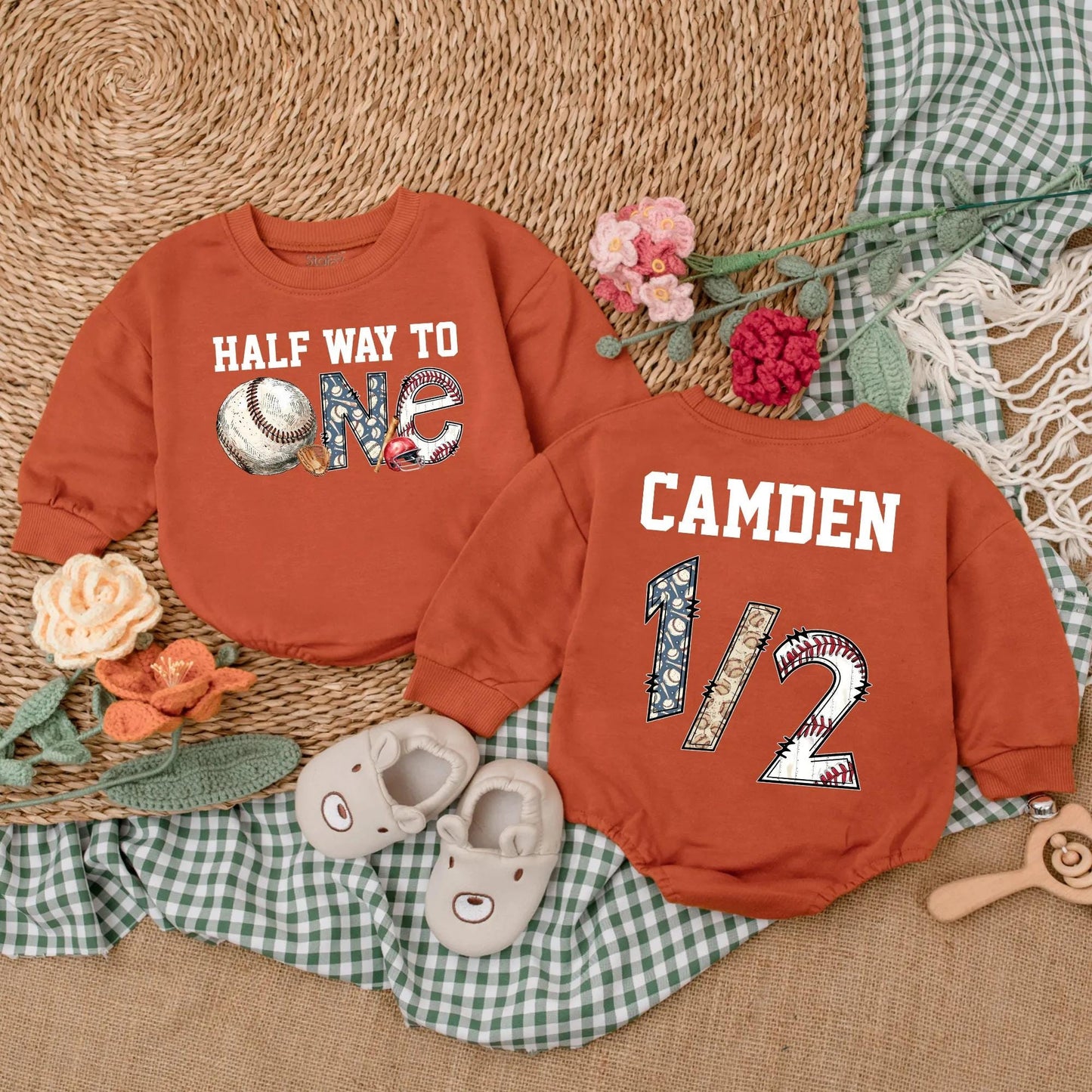 Personalized Half Way To One Baseball Romper Baby Boy Half Birthday Outfit Blue Baseball Theme for 6 Months Celebration Gift