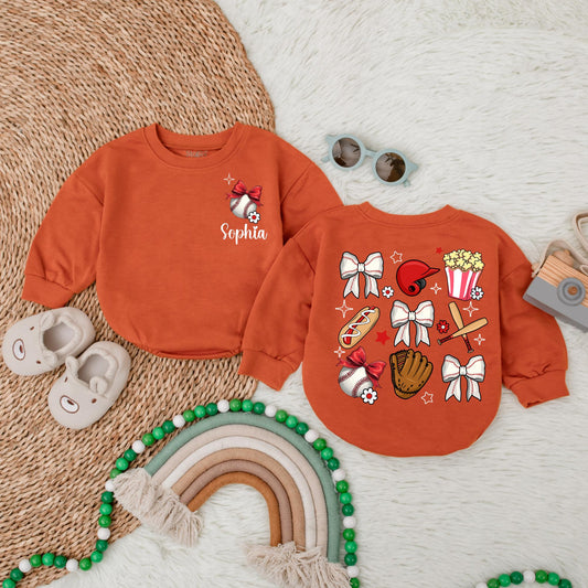 Personalized Girl Baseball Game Day Bubble Romper Custom Name Baseball Baby Outfit Minimalist Sporty Gift for Little Slugger