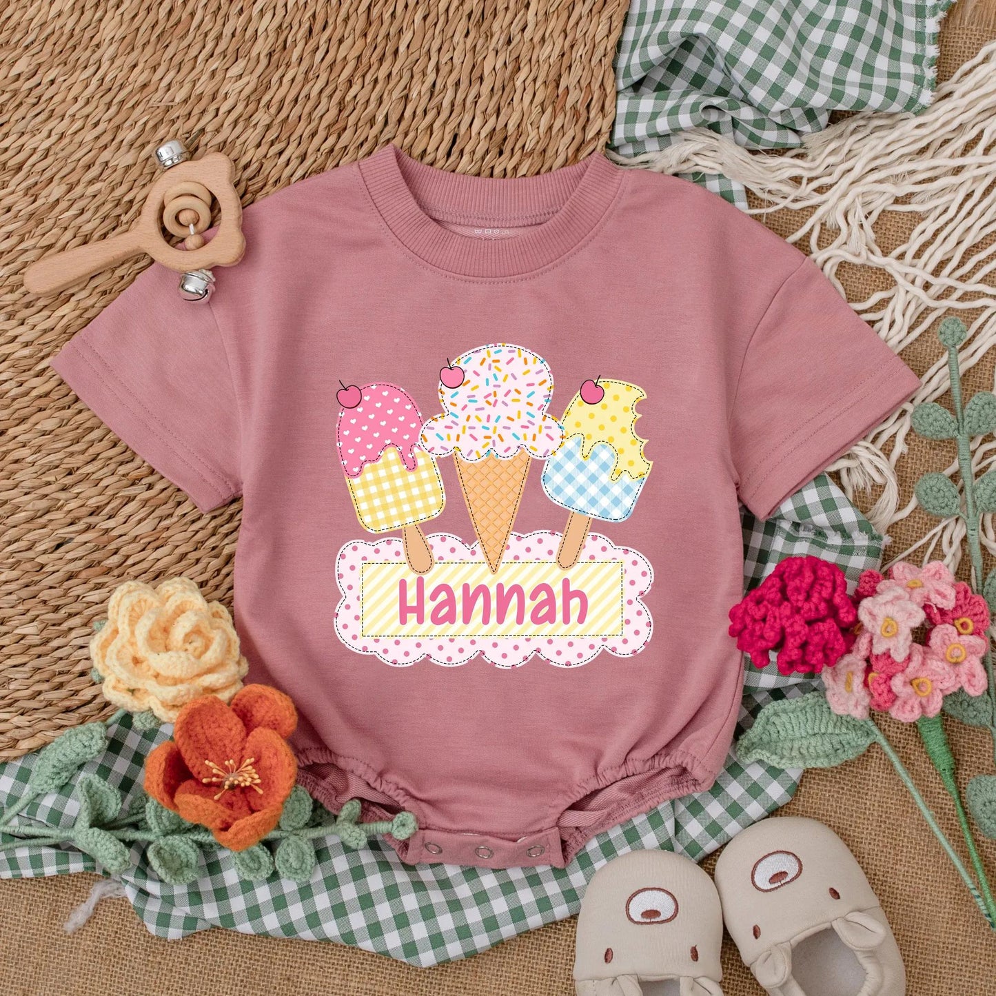 Personalized Ice Cream First Birthday Bubble Romper Summer Baby Bodysuit Cake Smash Outfit Sweet One Party Celebration Gift for Infant Girl