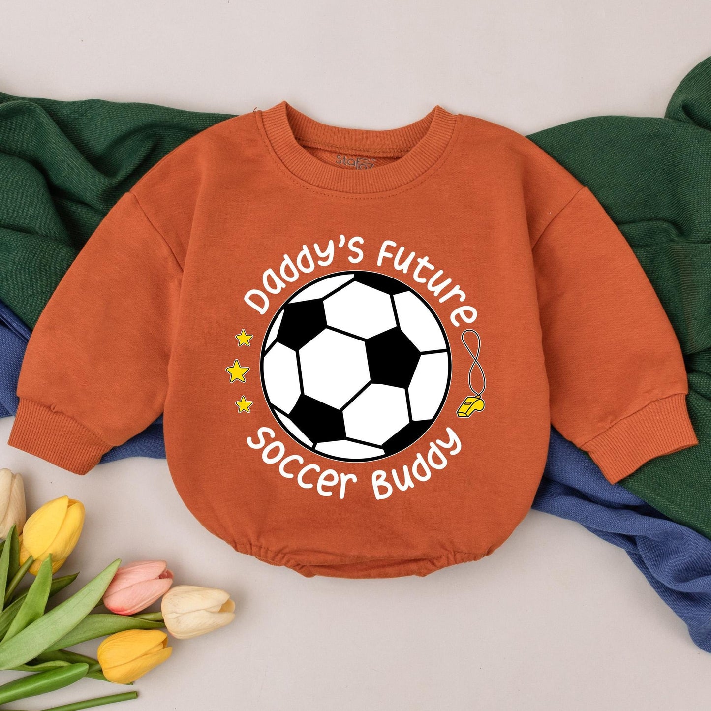 Daddy's Future Soccer Buddy Bubble Romper - Baby Boy or Girl Game Day Outfit with Soccer Ball Design & Stars - Custom Baby Shower Gift