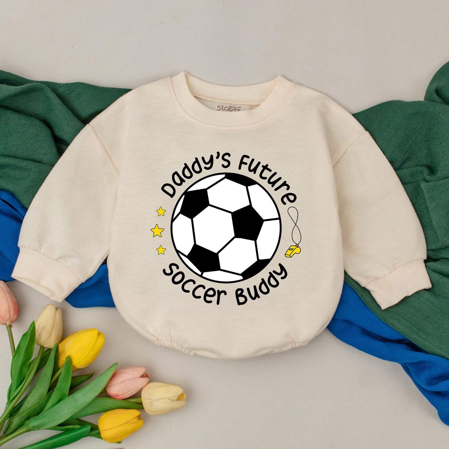 Daddy's Future Soccer Buddy Bubble Romper - Baby Boy or Girl Game Day Outfit with Soccer Ball Design & Stars - Custom Baby Shower Gift