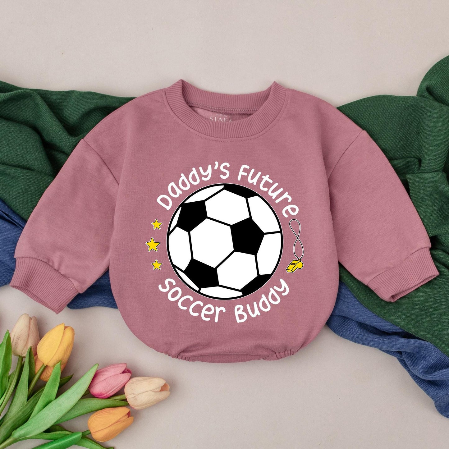 Daddy's Future Soccer Buddy Bubble Romper - Baby Boy or Girl Game Day Outfit with Soccer Ball Design & Stars - Custom Baby Shower Gift