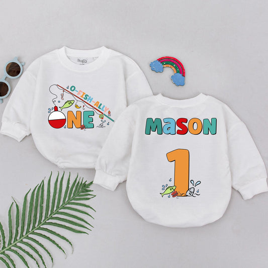 Personalized O-Fish-Ally One Romper, Fishing Birthday Boy Outfit, Custom Name 1st Birthday Baby Bodysuit, Smash Cake, Red & Blue Tackle Design 130-140 chars