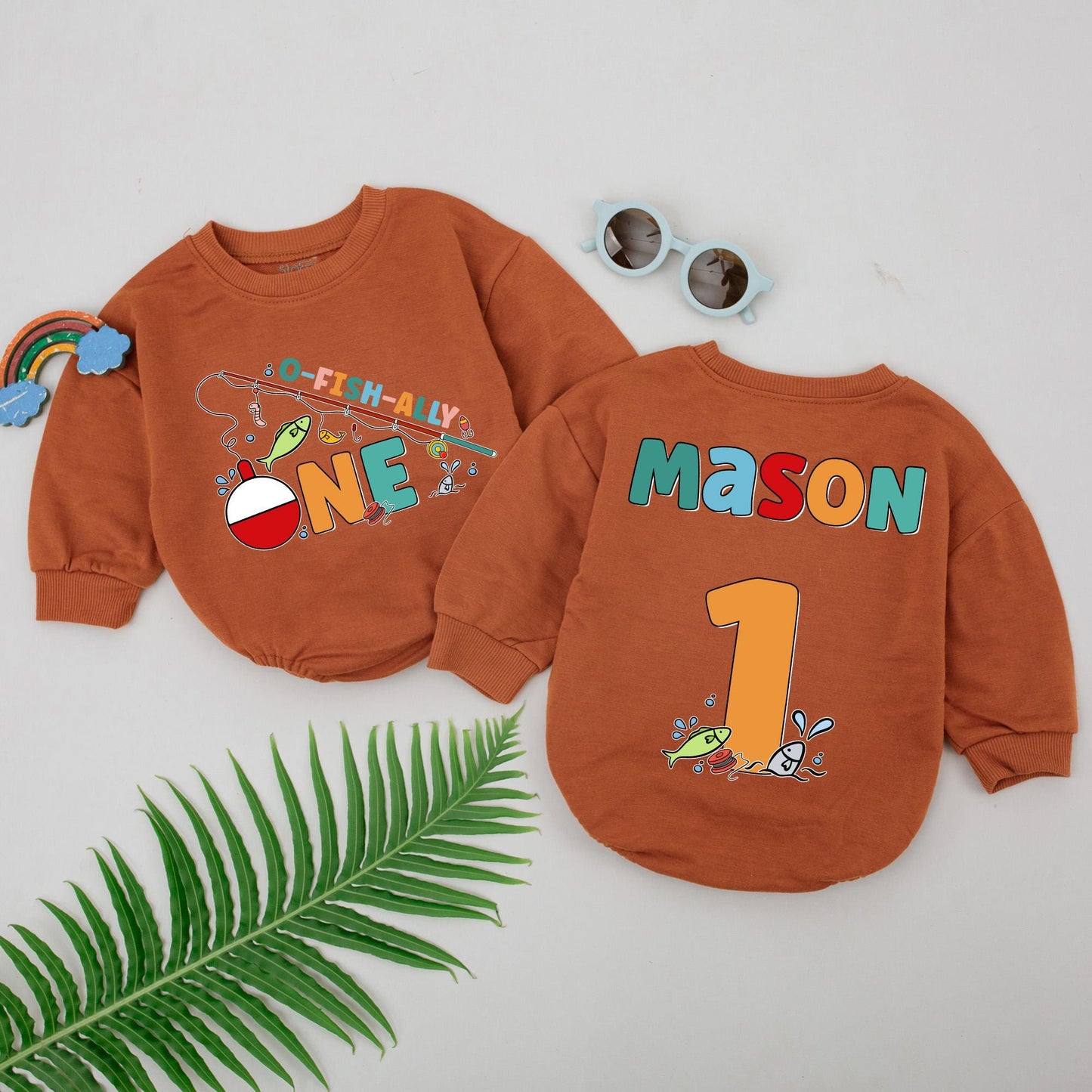Personalized O-Fish-Ally One Romper, Fishing Birthday Boy Outfit, Custom Name 1st Birthday Baby Bodysuit, Smash Cake, Red & Blue Tackle Design 130-140 chars