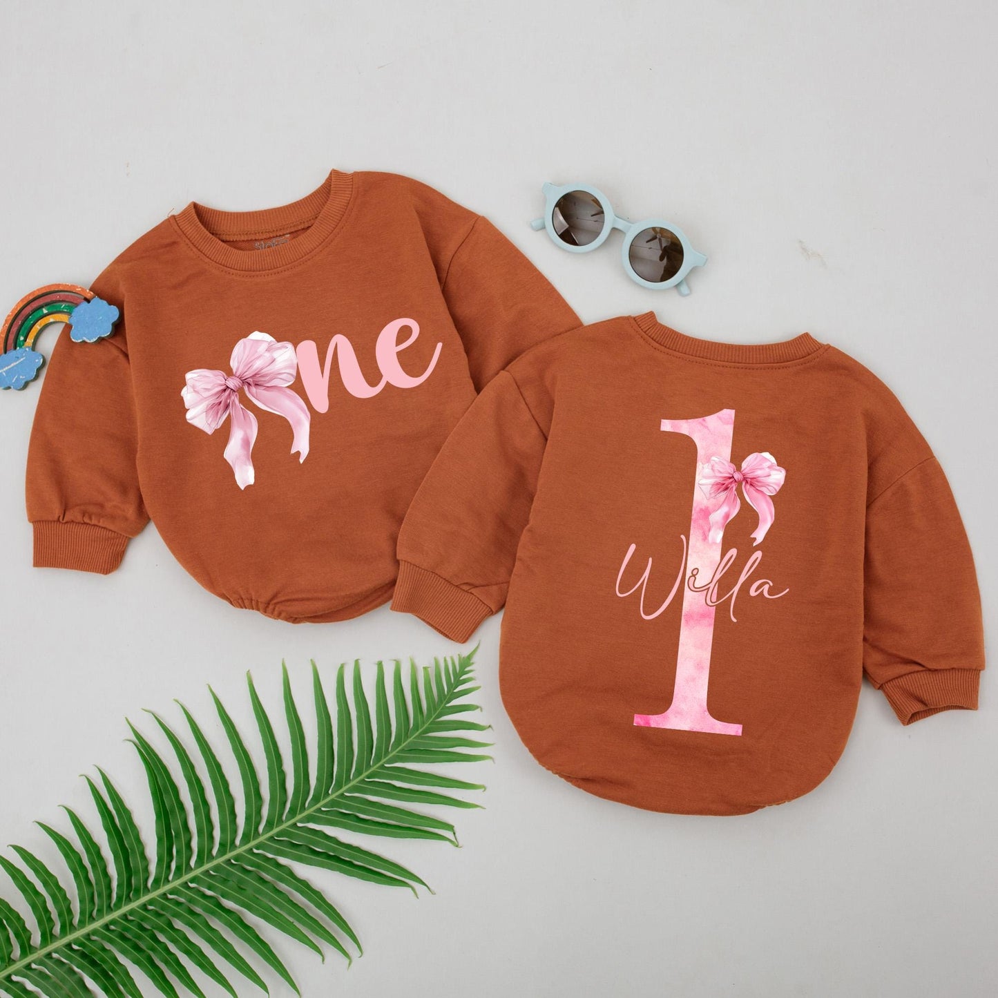 Personalized 1st Birthday Romper for Baby Girl, Pink Ribbon One Design Outfit with Her Name, Watercolor First Year Bodysuit Gift