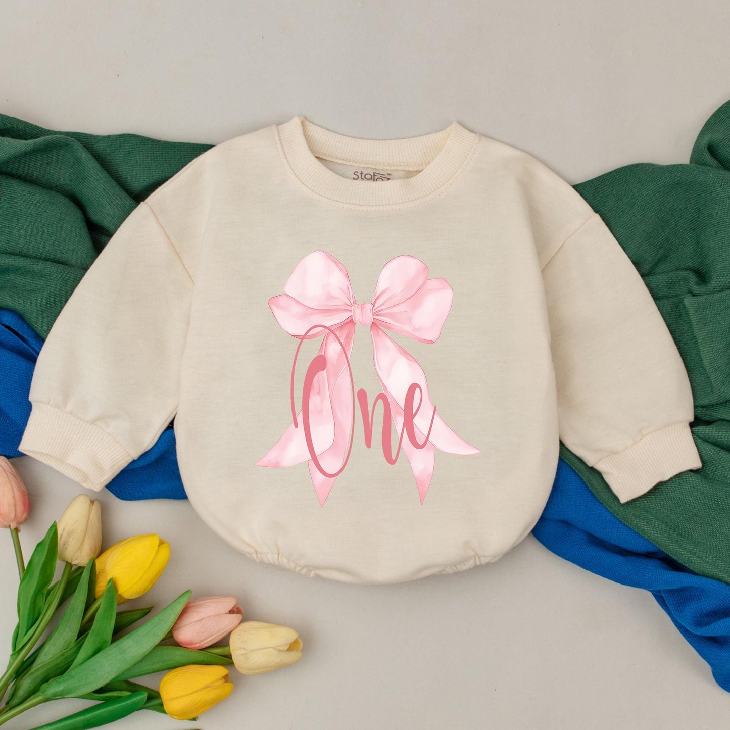 Pink Bow First Birthday Romper Personalized 1st Birthday Girl Outfit Custom Infant Bodysuit Baby Shower Gift