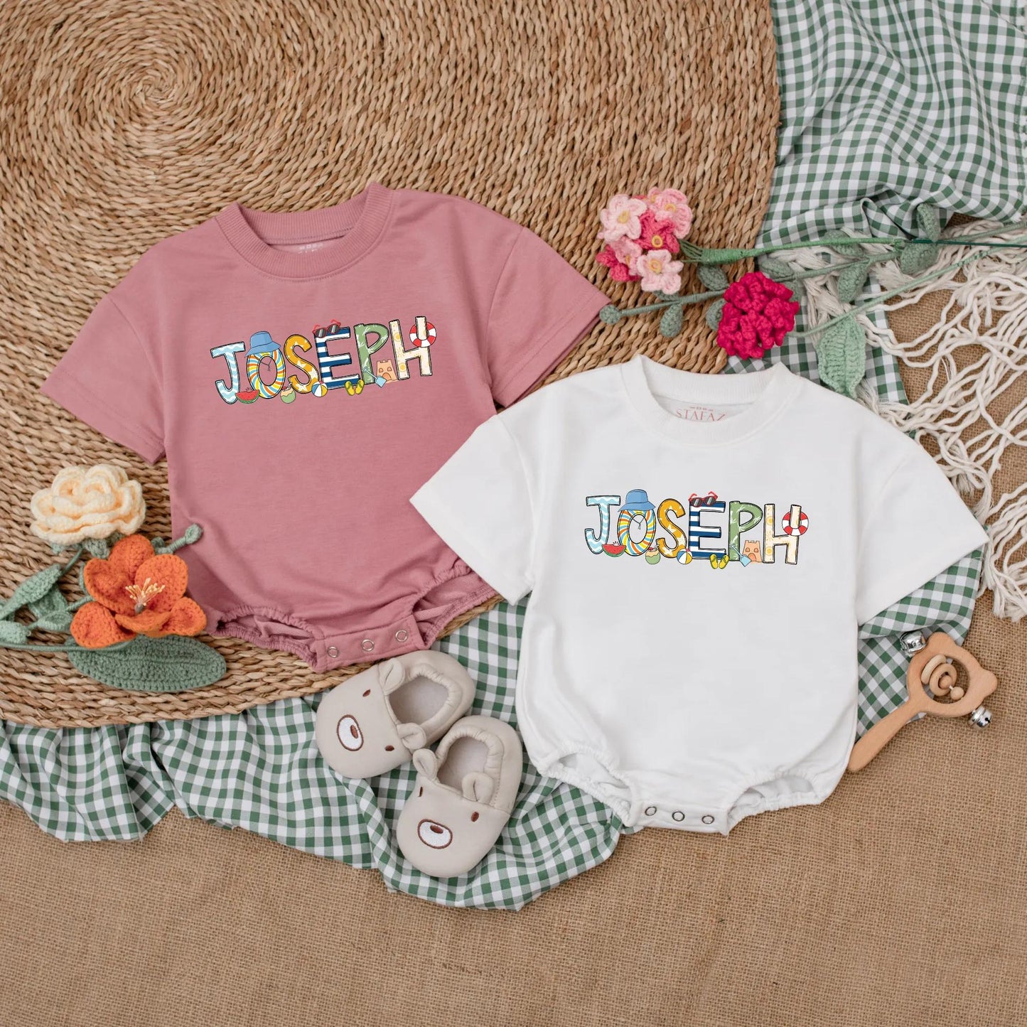 Personalized Beach Baby Romper Ocean Theme Summer Bodysuit Custom Name New Baby Shower Gift Infant Bubble Outfit Gender Neutral