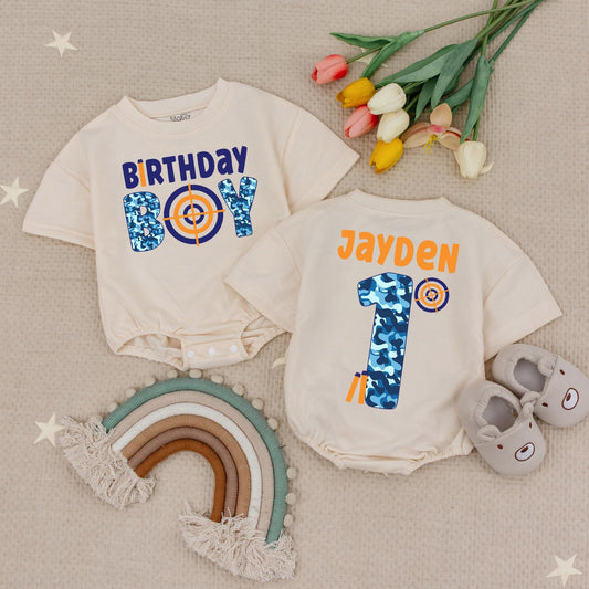 Personalized Birthday Boy Dart Gun Romper, Custom Name 1st Birthday Outfit, Blue Camo Target First Birthday Babysuit, Soft Cotton, Fun Party 135 chars