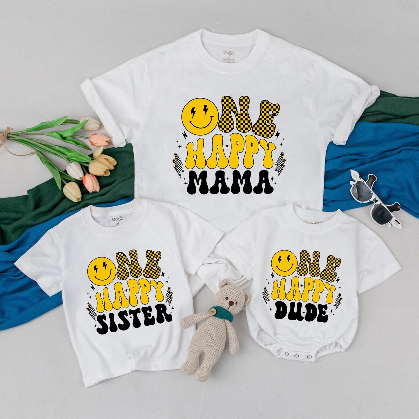 One Happy Dude First Birthday T-Shirt Matching Family Baby Boy Outfit Custom Name Retro Face Design