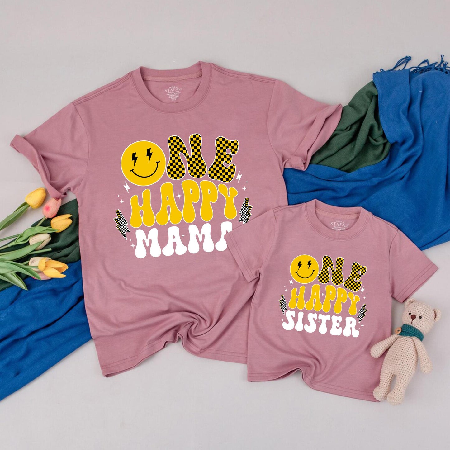 One Happy Dude First Birthday T-Shirt Matching Family Baby Boy Outfit Custom Name Retro Face Design