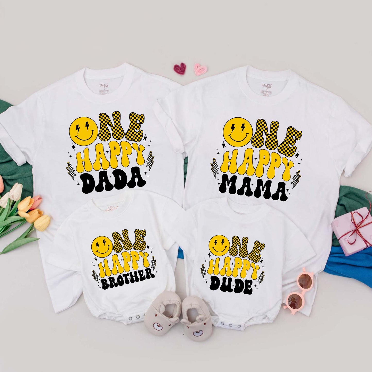 One Happy Dude First Birthday T-Shirt Matching Family Baby Boy Outfit Custom Name Retro Face Design