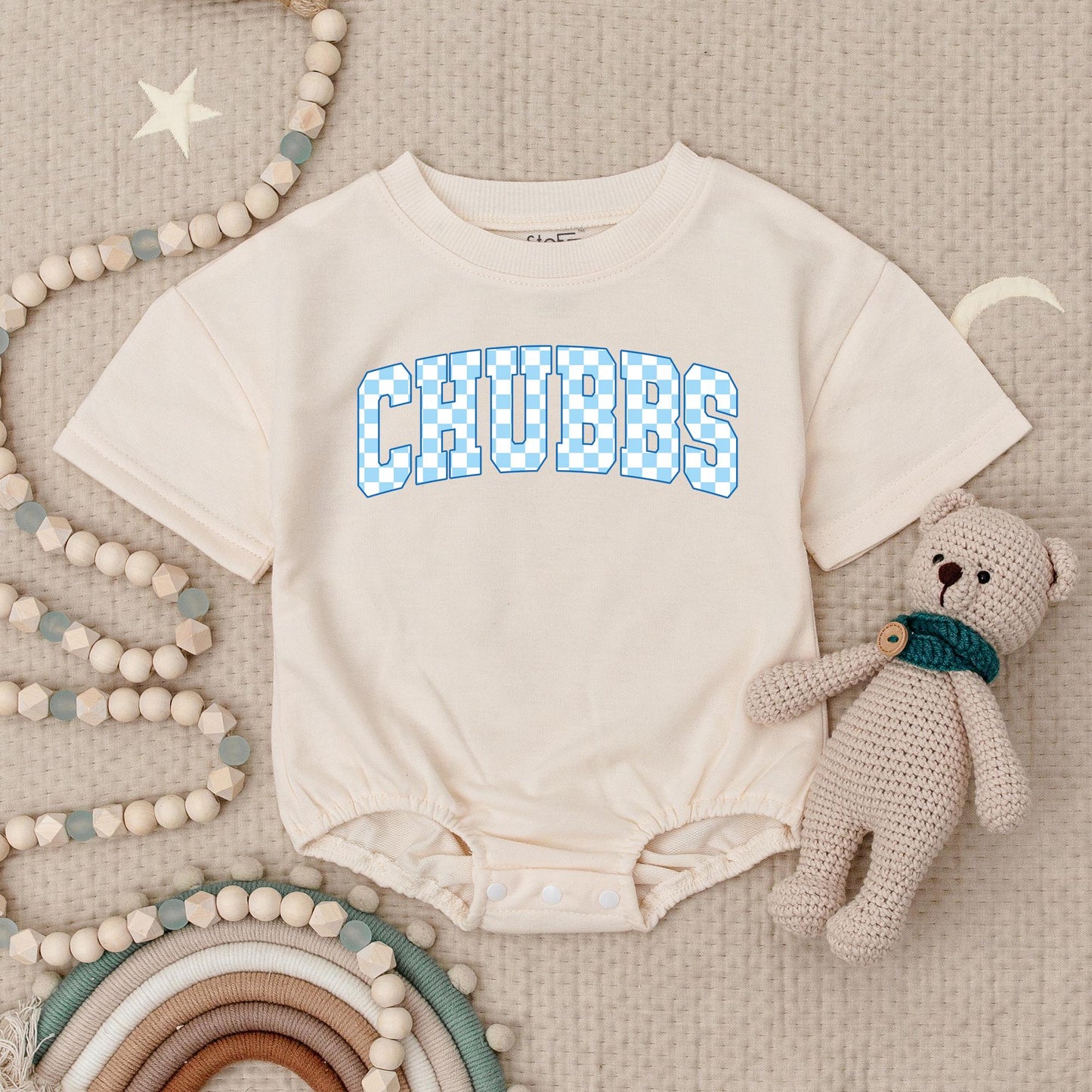 Chubbs Baby Boy Romper Classic Checkerboard Varsity Style First Birthday Outfit Adorable Blue & White Outfit for Little Gents Summer Casual Wear
