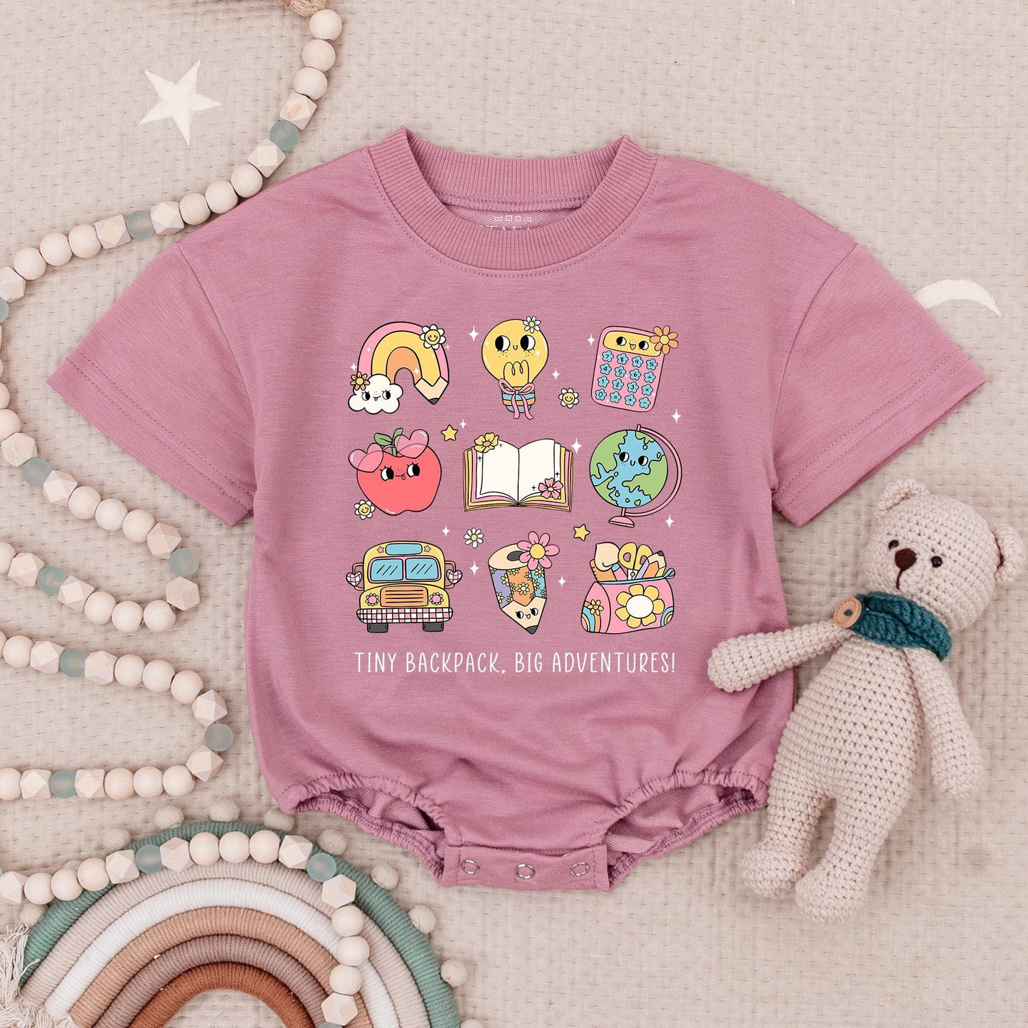 Back to School Adventure Romper: Pastel School Bus, Globe & Apple Print. Cute First Day Outfit for Baby & Toddler, Whimsical Teacher Gift Idea 134 chars