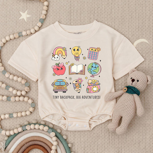 Back to School Adventure Romper: Pastel School Bus, Globe & Apple Print. Cute First Day Outfit for Baby & Toddler, Whimsical Teacher Gift Idea 134 chars
