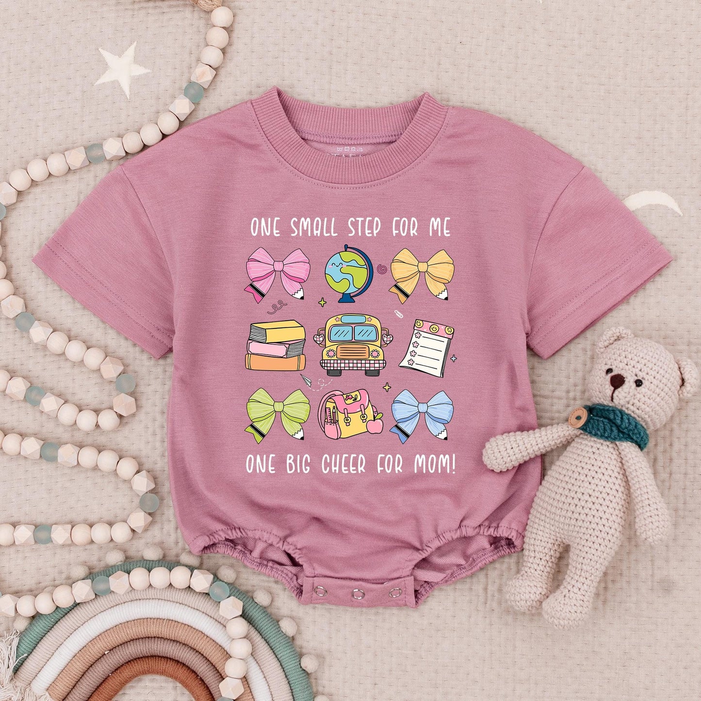 Back to School Romper for Girls, One Big Cheer Baby Bodysuit with School Bus, Apple & Bows, First Day Outfit, Teacher Gift, Cute School Clothes (139 chars)