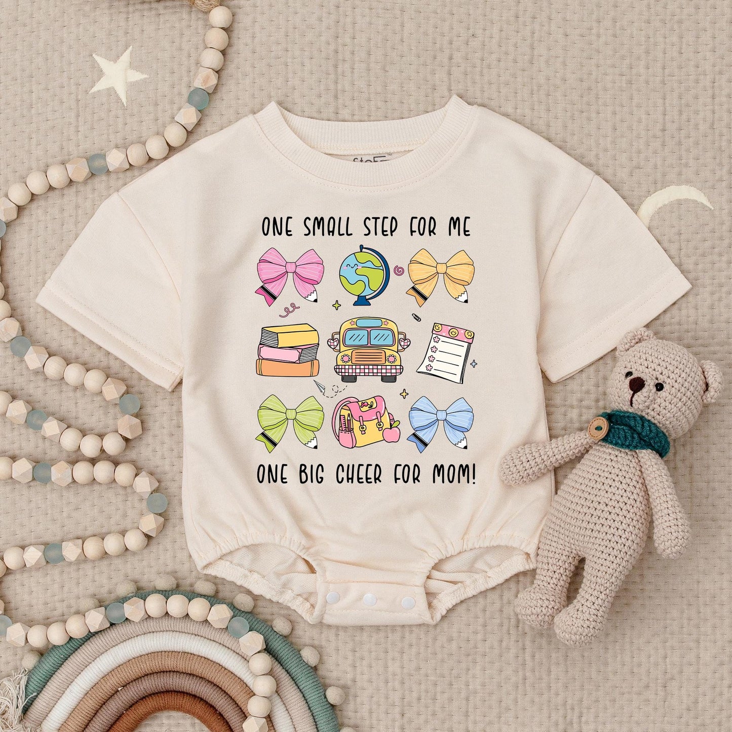 Back to School Romper for Girls, One Big Cheer Baby Bodysuit with School Bus, Apple & Bows, First Day Outfit, Teacher Gift, Cute School Clothes (139 chars)