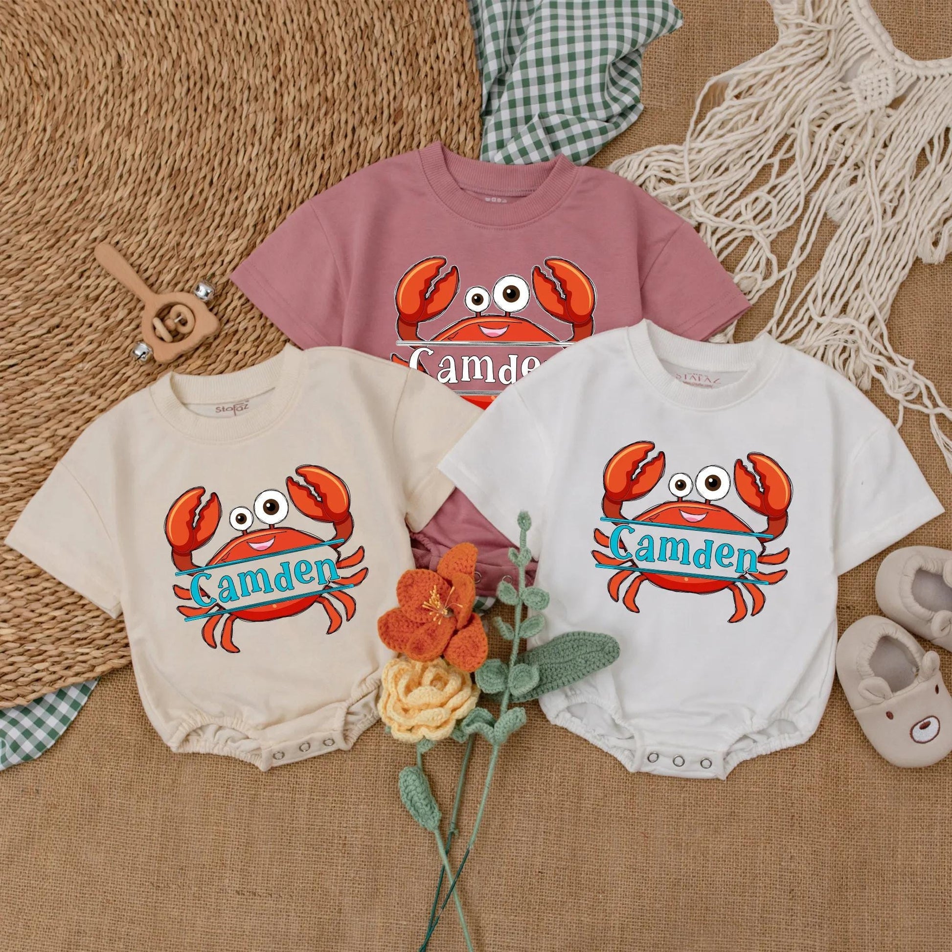 Personalized Summer Crab Baby Romper - Beach Baby Bodysuit, Custom Name Outfit, Nautical Gift for Baby Girl or Boy Shower