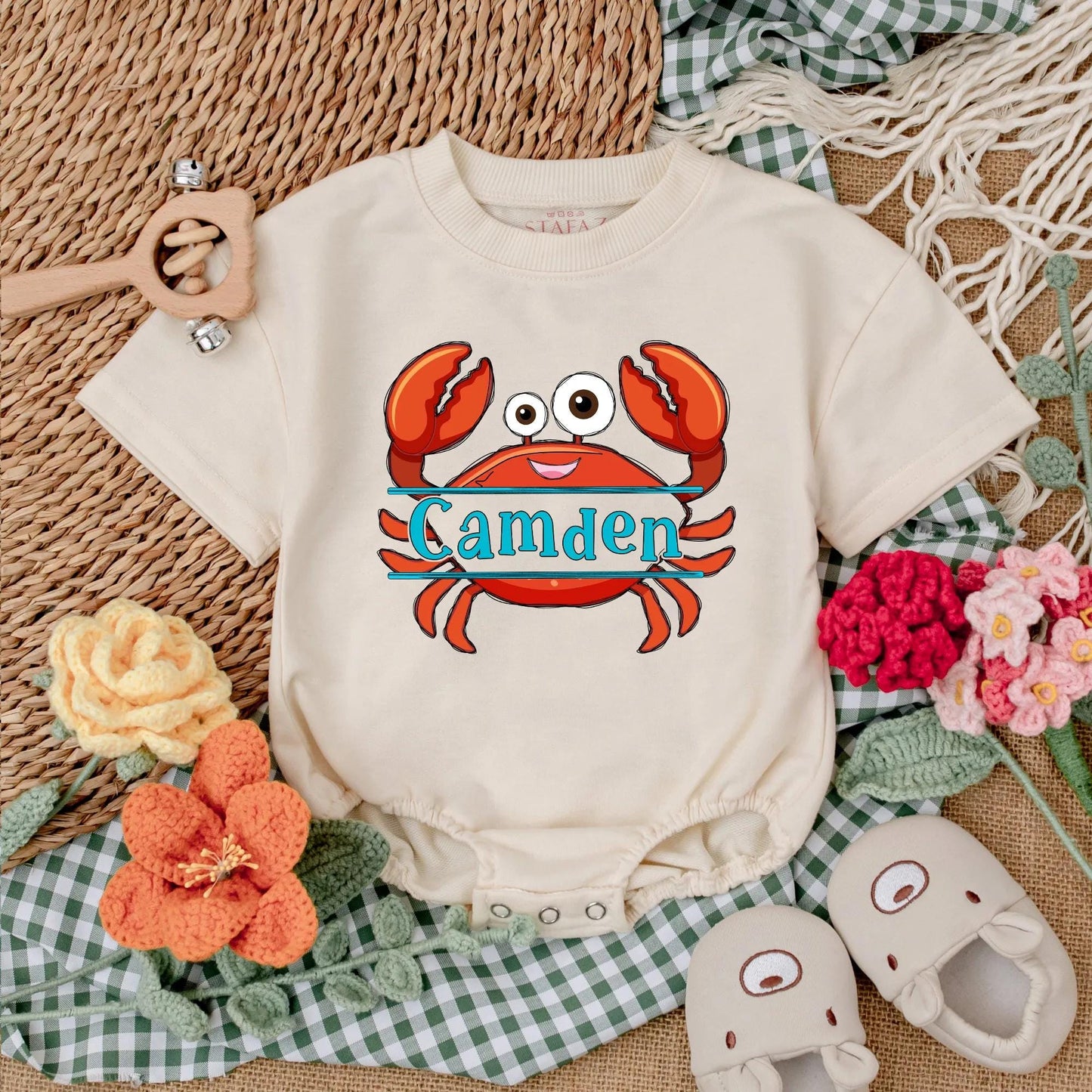 Personalized Summer Crab Baby Romper - Beach Baby Bodysuit, Custom Name Outfit, Nautical Gift for Baby Girl or Boy Shower