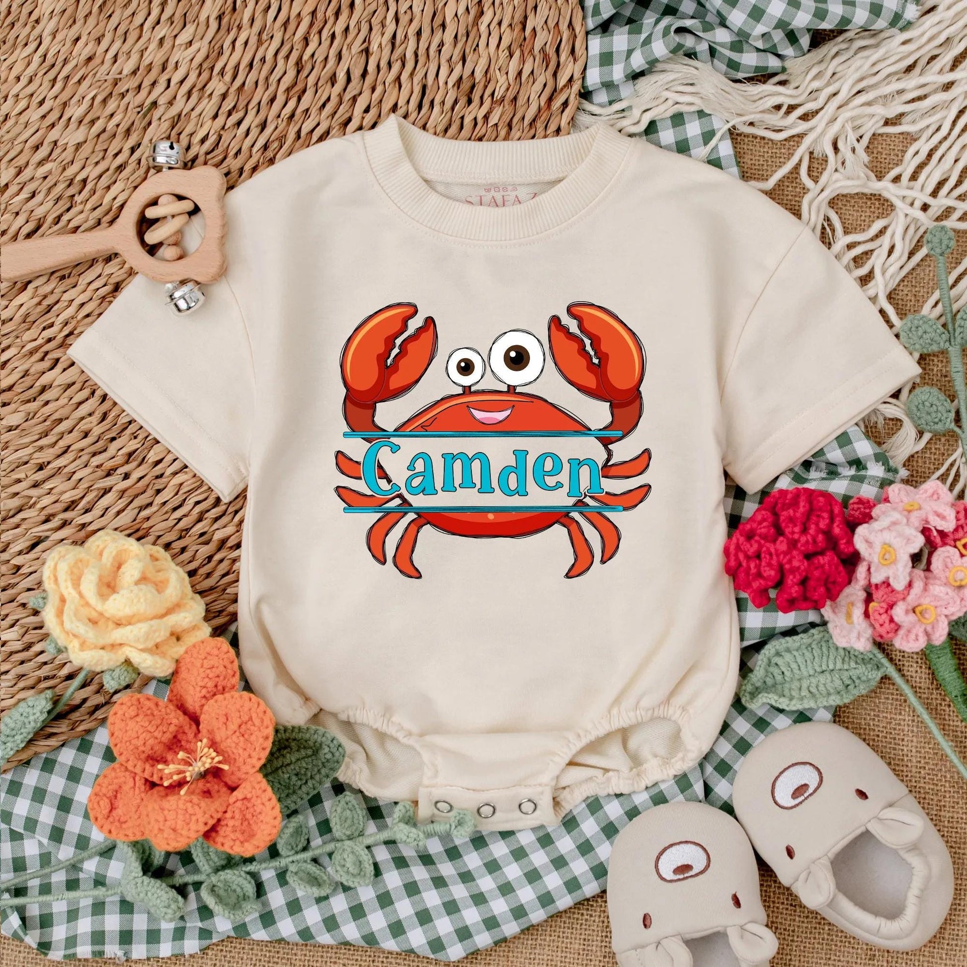 Personalized Summer Crab Baby Romper - Beach Baby Bodysuit, Custom Name Outfit, Nautical Gift for Baby Girl or Boy Shower