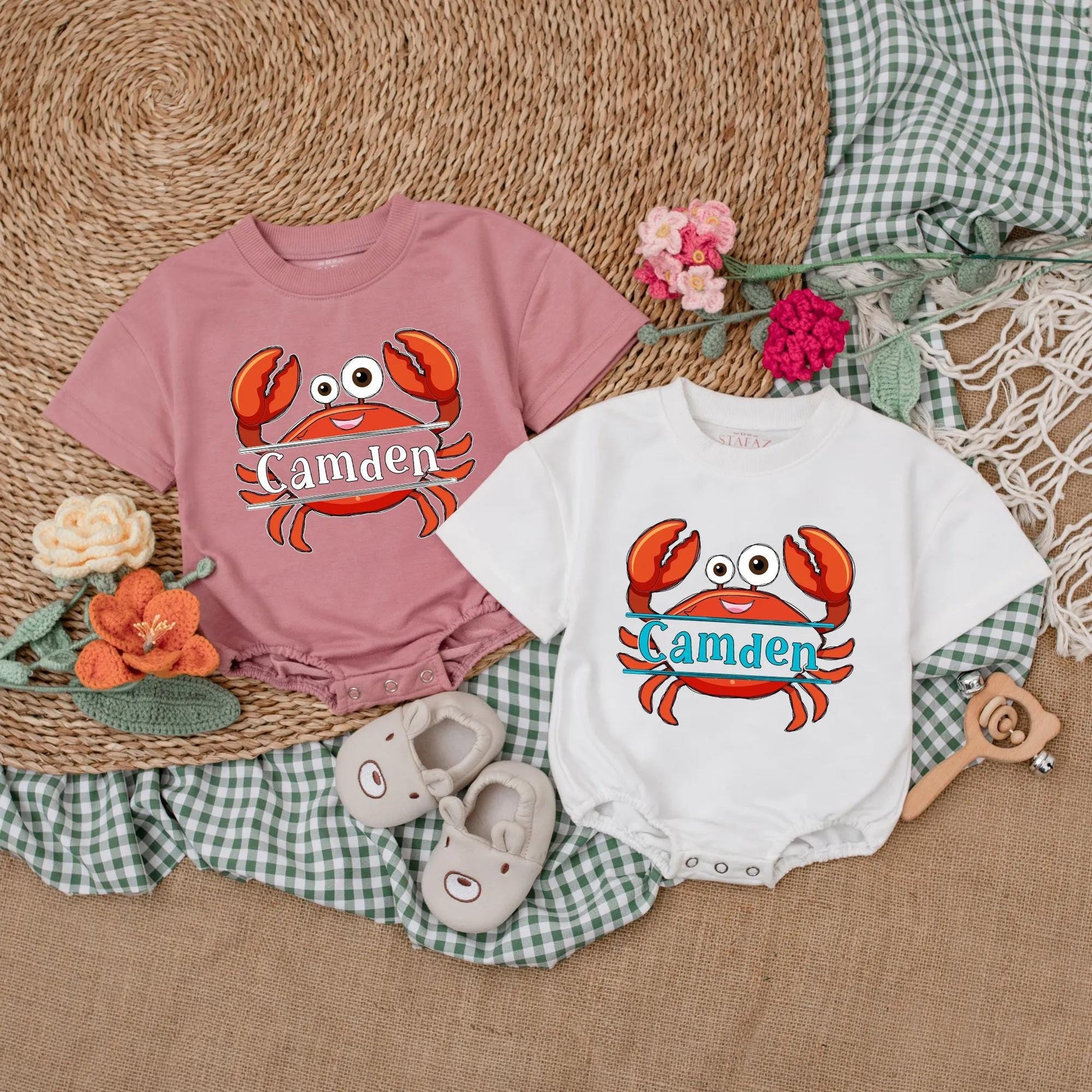Personalized Summer Crab Baby Romper - Beach Baby Bodysuit, Custom Name Outfit, Nautical Gift for Baby Girl or Boy Shower