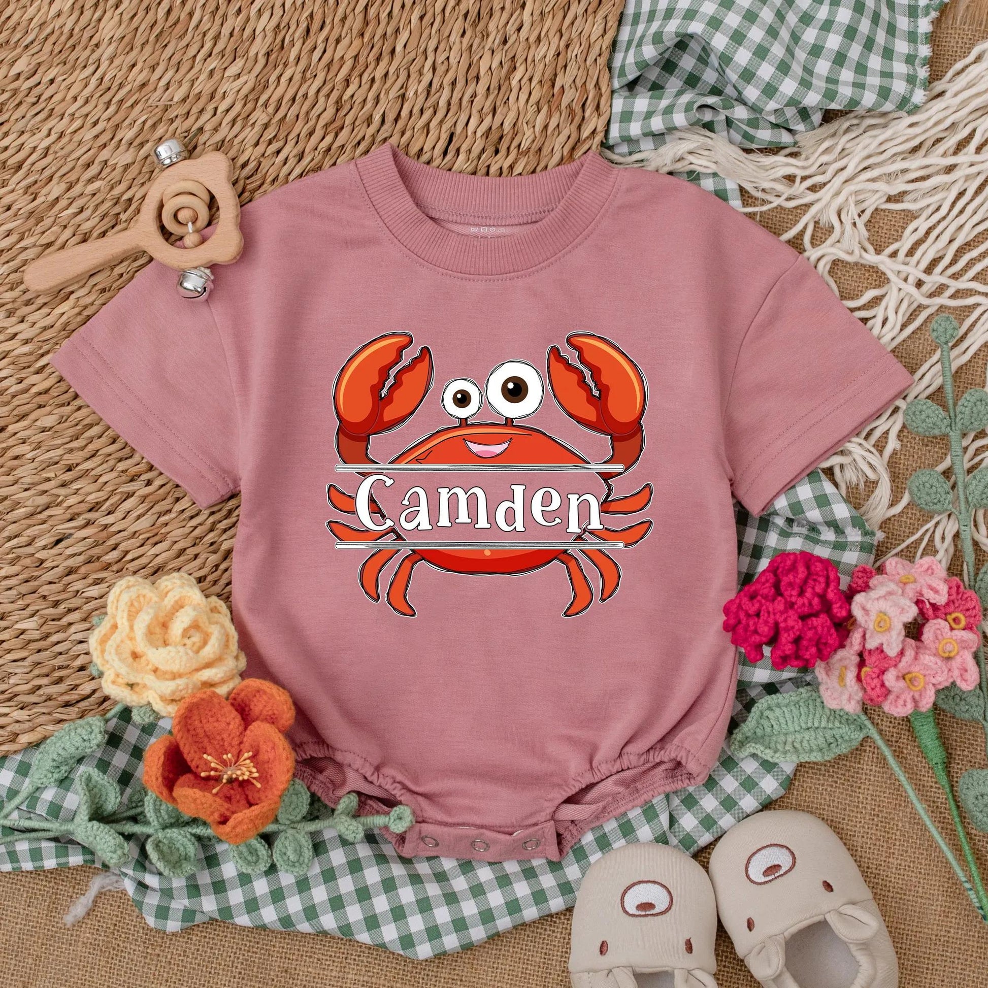 Personalized Summer Crab Baby Romper - Beach Baby Bodysuit, Custom Name Outfit, Nautical Gift for Baby Girl or Boy Shower