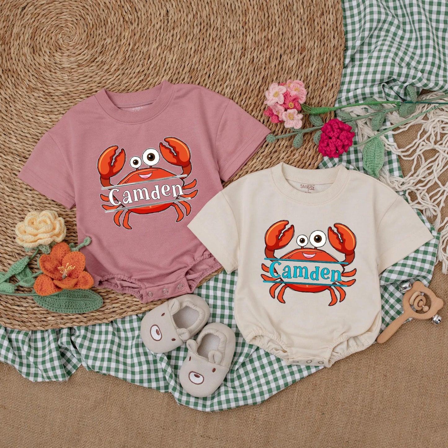 Personalized Summer Crab Baby Romper - Beach Baby Bodysuit, Custom Name Outfit, Nautical Gift for Baby Girl or Boy Shower
