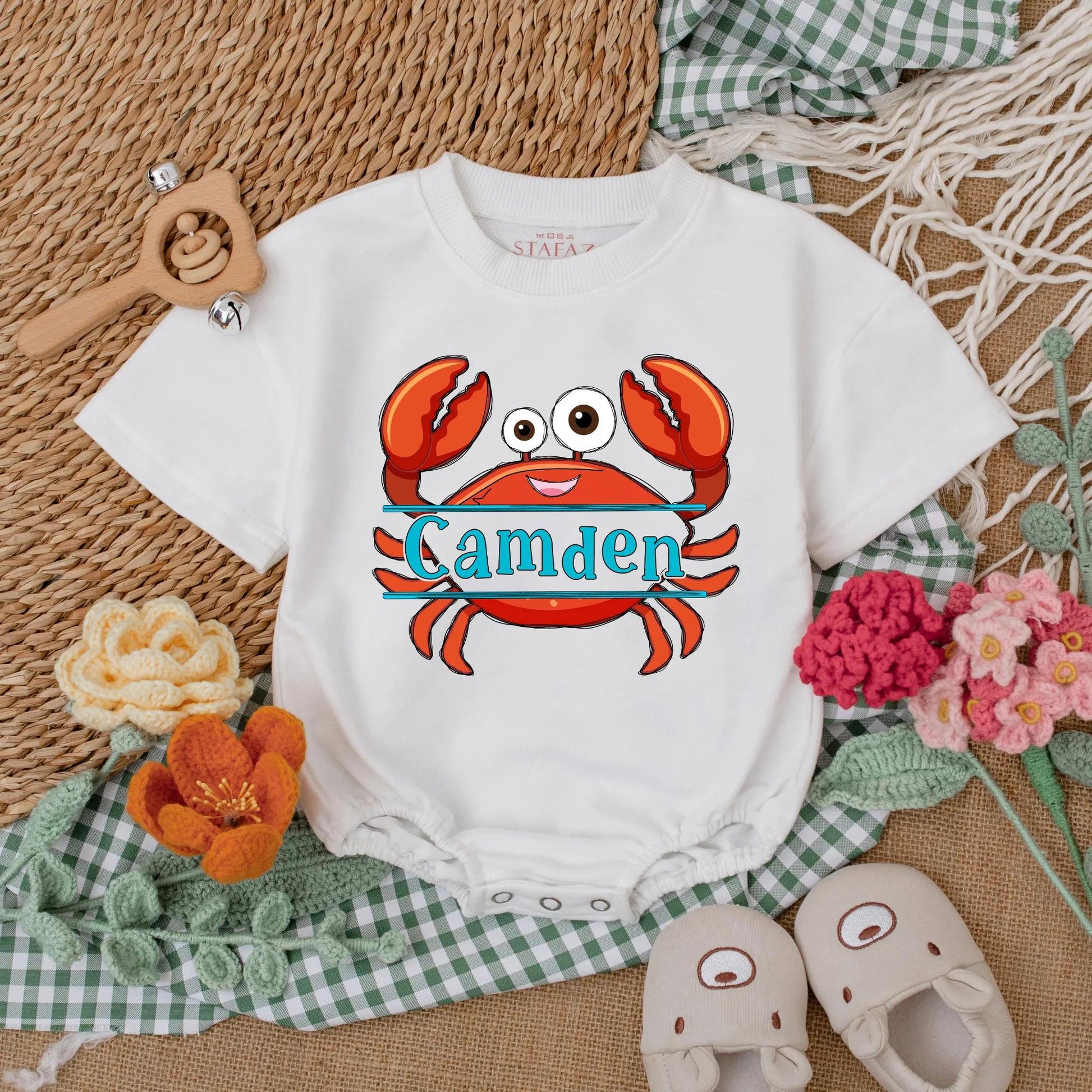 Personalized Summer Crab Baby Romper - Beach Baby Bodysuit, Custom Name Outfit, Nautical Gift for Baby Girl or Boy Shower