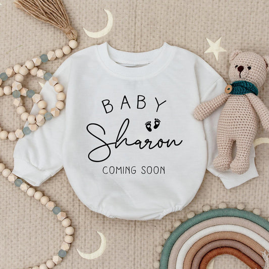 Personalized Baby Announcement Romper Custom Coming Soon Bodysuit Minimalist Black Footprint Newborn Gift Pregnancy Reveal