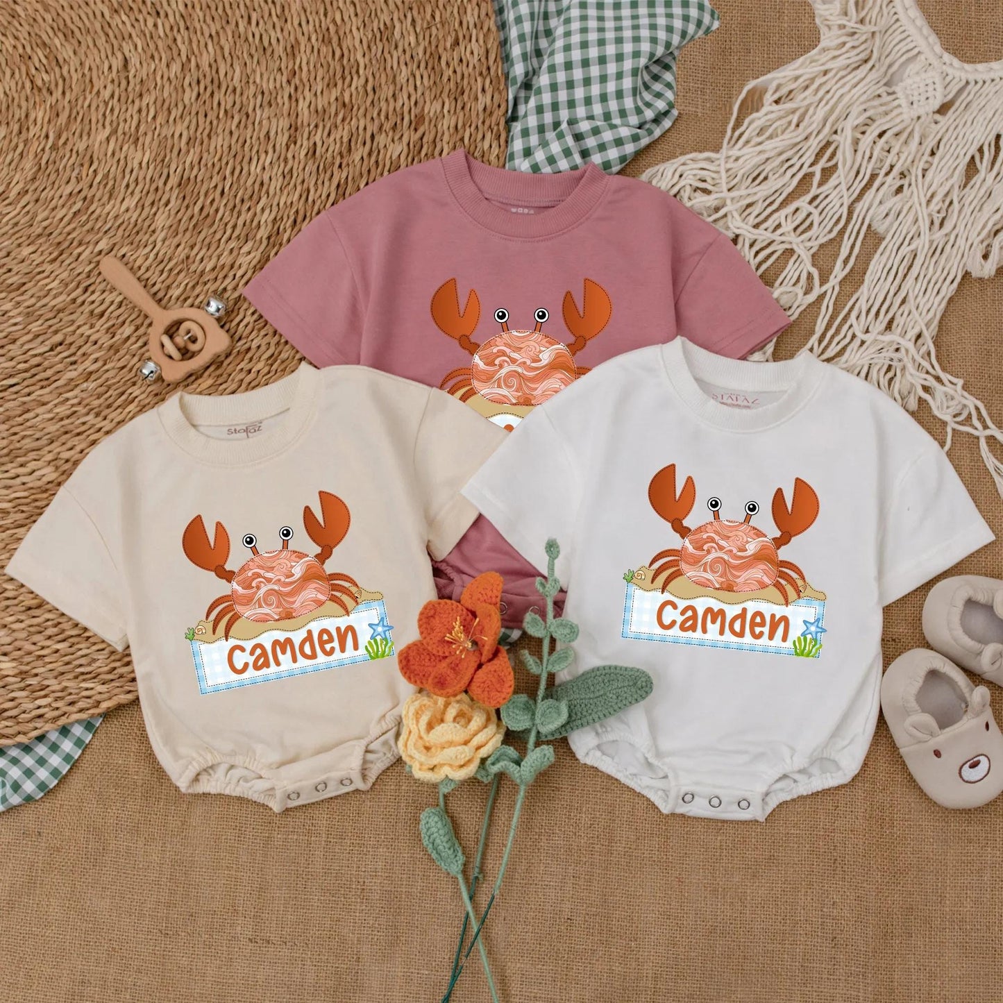Personalized Cute Crab Baby Romper with Adorable Beach Theme Bodysuit, Soft Summer Outfit for Newborn Girl Boy Baby Shower Gift
