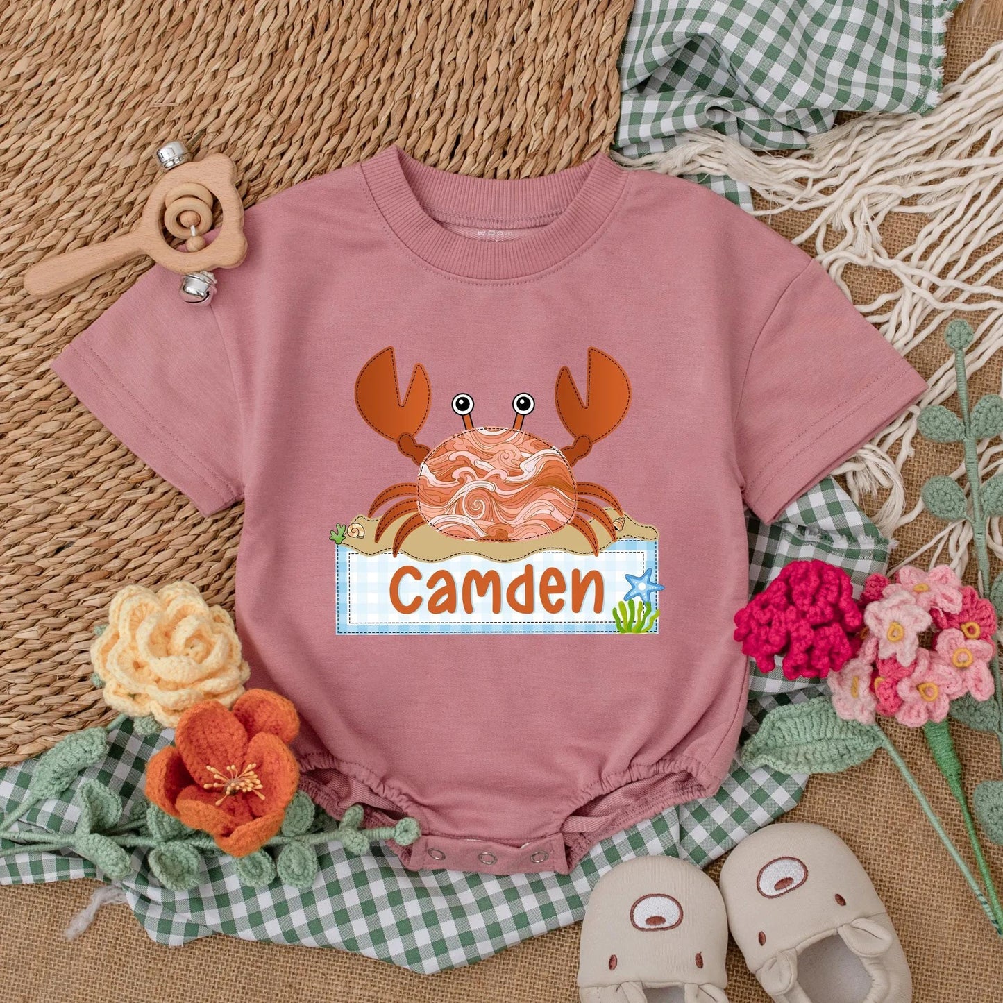 Personalized Cute Crab Baby Romper with Adorable Beach Theme Bodysuit, Soft Summer Outfit for Newborn Girl Boy Baby Shower Gift