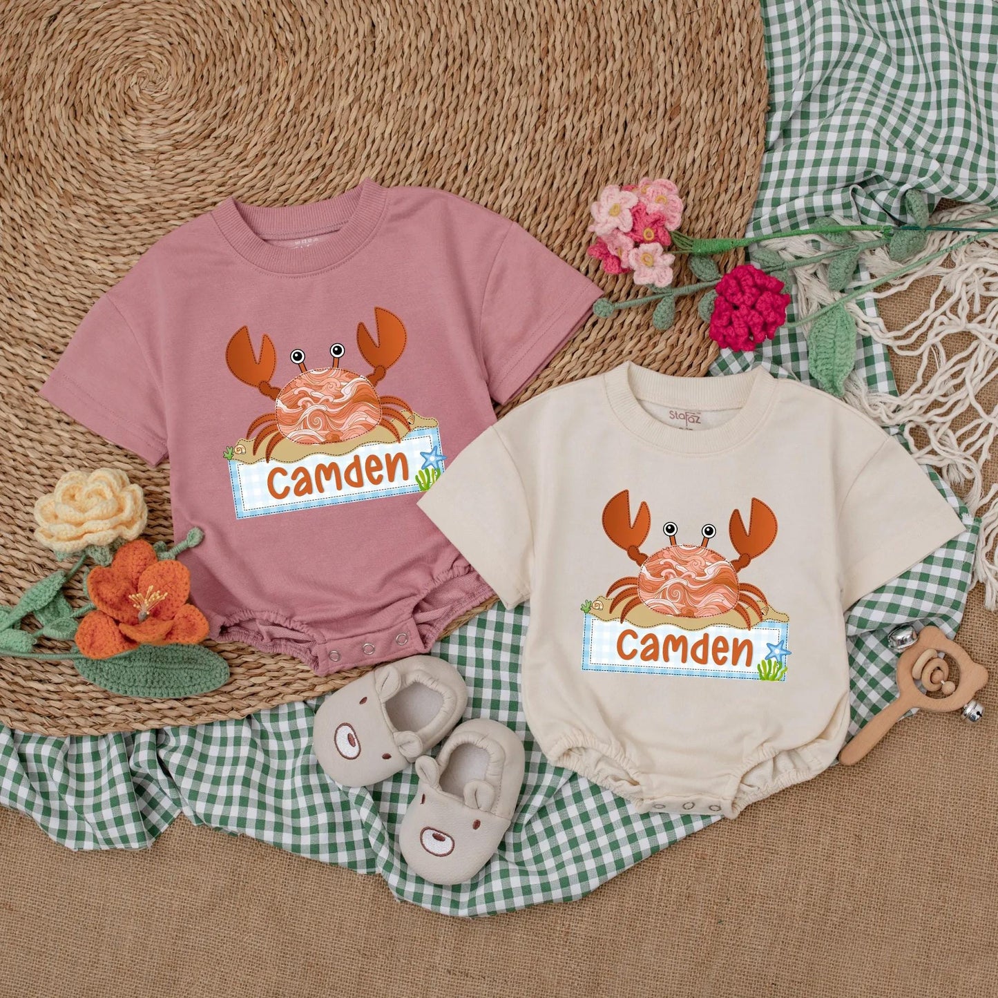 Personalized Cute Crab Baby Romper with Adorable Beach Theme Bodysuit, Soft Summer Outfit for Newborn Girl Boy Baby Shower Gift