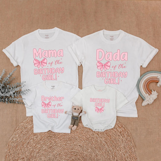 Custom Pink Bow First Birthday Family Shirts Matching Mommy Daddy Baby Girl Outfit First Birthday Gift