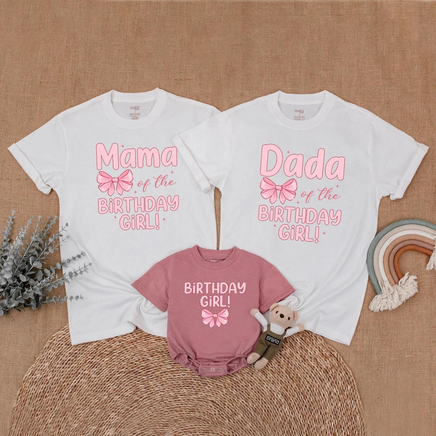 Custom Pink Bow First Birthday Family Shirts Matching Mommy Daddy Baby Girl Outfit First Birthday Gift