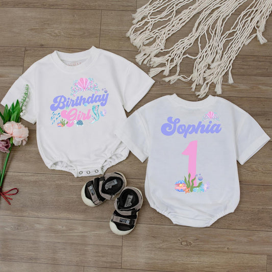 Mermaid Birthday Girl Romper Personalized Baby Bodysuit Custom Name Ocean Theme Baby Gift Under the Sea Outfit First Birthday Soft Cotton