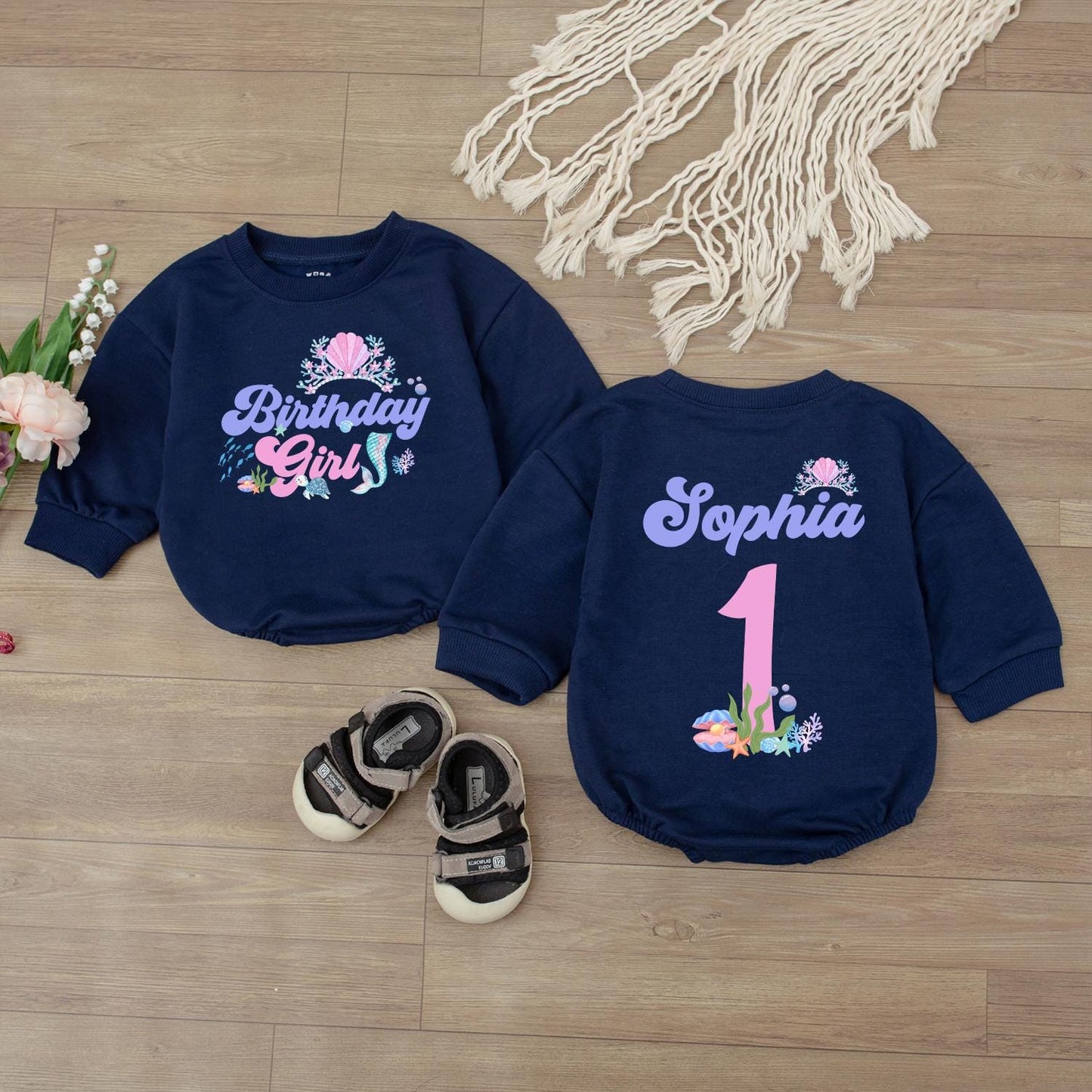 Sparkling Mermaid Birthday Girl Outfit Personalized Baby Romper First Birthday Bodysuit Custom Name Ocean Theme Baby Gift
