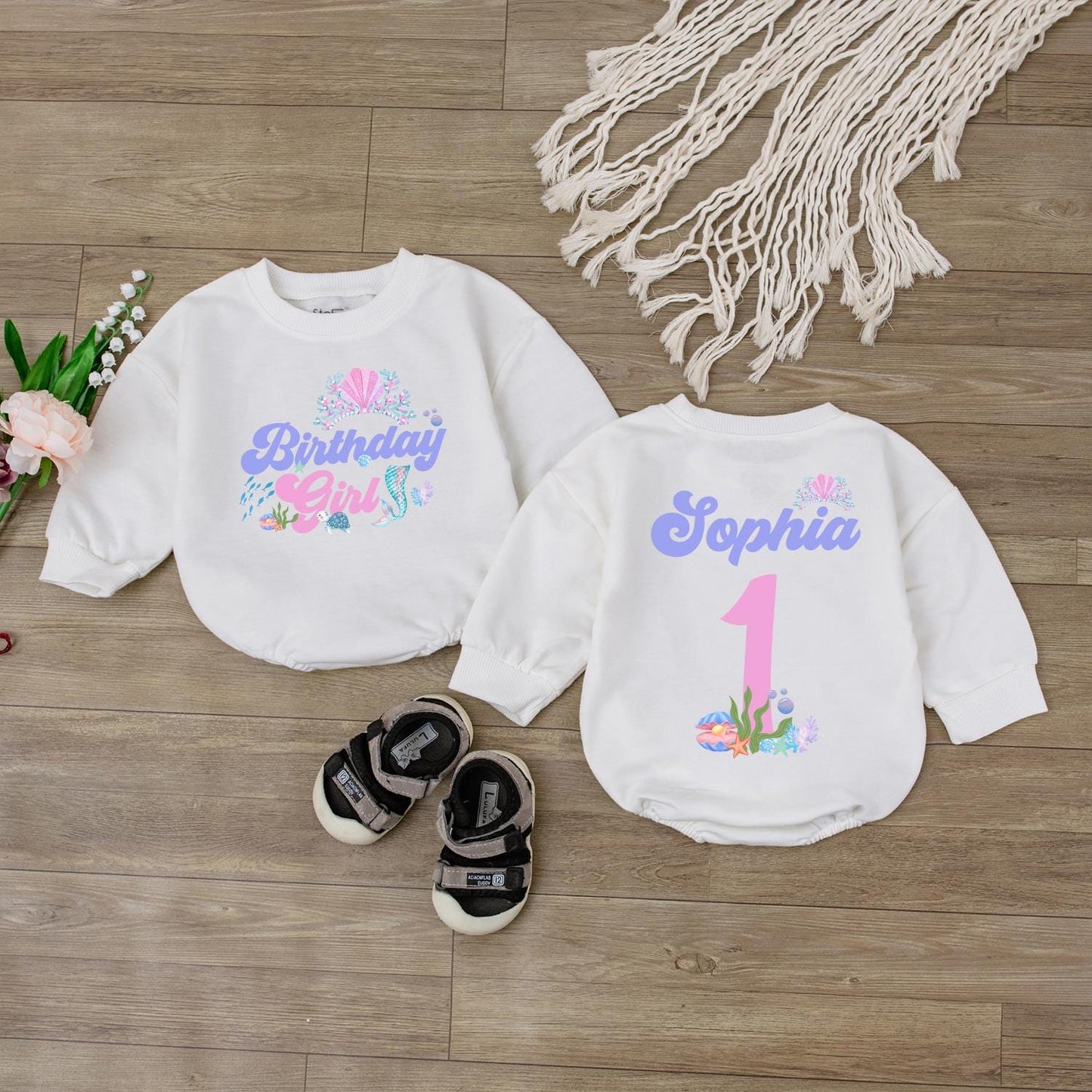 Sparkling Mermaid Birthday Girl Outfit Personalized Baby Romper First Birthday Bodysuit Custom Name Ocean Theme Baby Gift