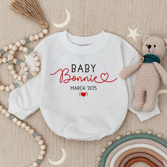 Custom Baby Announcement Romper "Baby Bonnie" March 2025 with Heart & Wings Design Natural Cotton Newborn Gift Sweet Charming