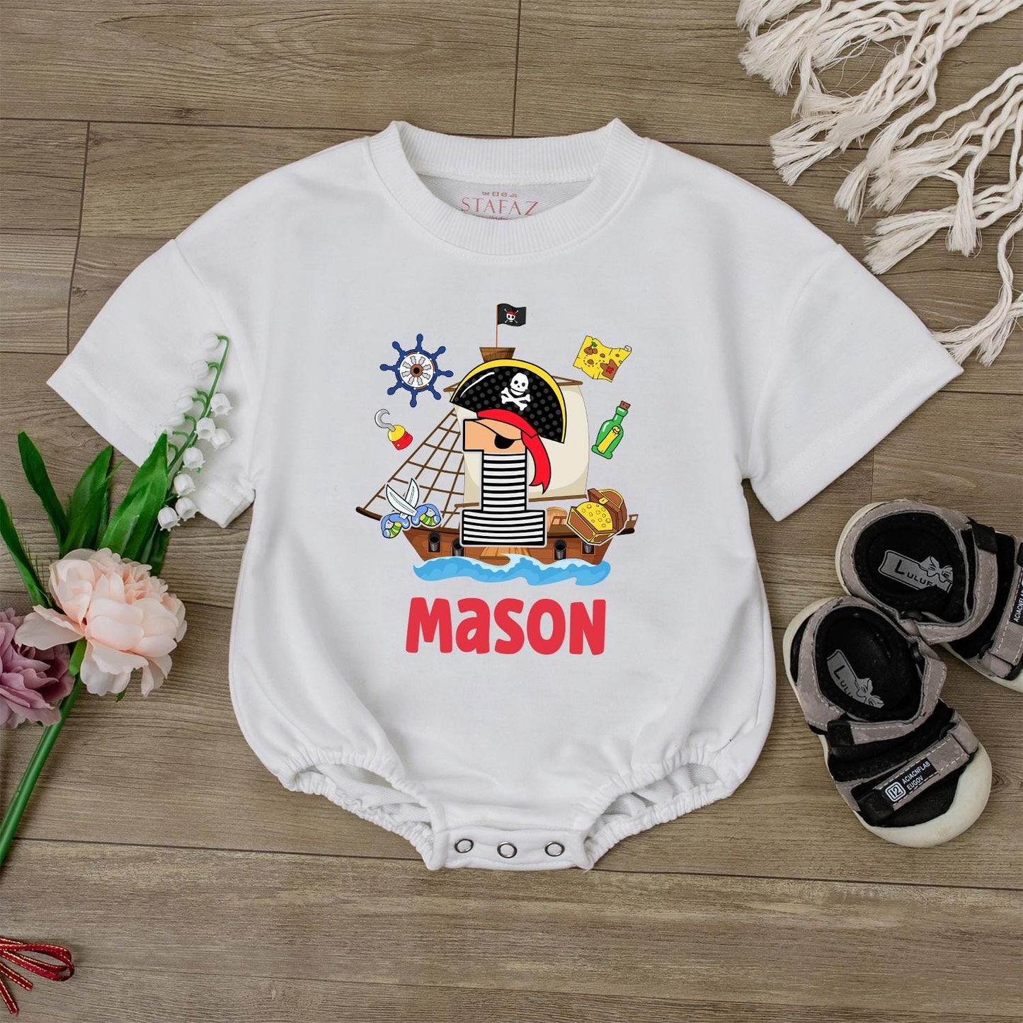 Custom Pirate Baby Romper Personalized Name Outfit First Birthday Toddler Boy Gift Nautical Theme Cotton Comfortable Casual Wear Adventure Adventure