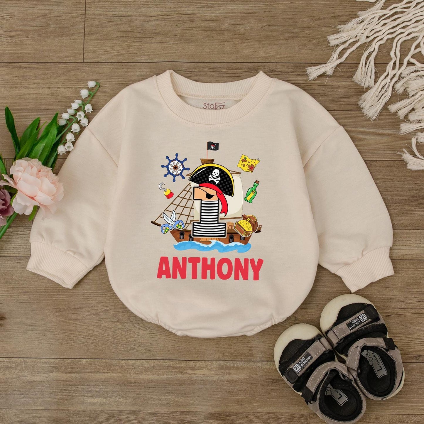 Pirate Baby Romper - Personalized Custom Name Bodysuit First Birthday Outfit Boy Gift - Ocean Theme Toddler Clothes