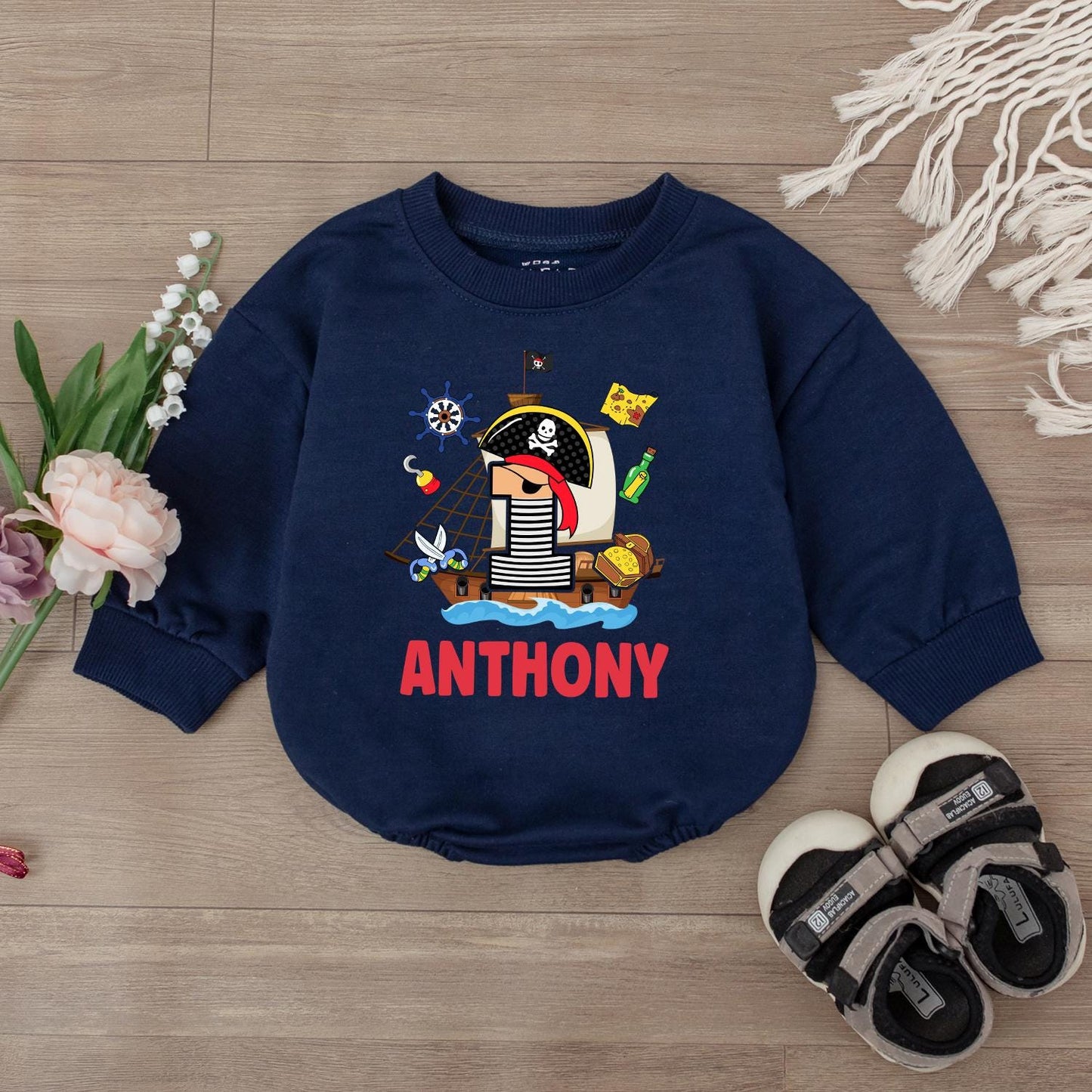 Pirate Baby Romper - Personalized Custom Name Bodysuit First Birthday Outfit Boy Gift - Ocean Theme Toddler Clothes